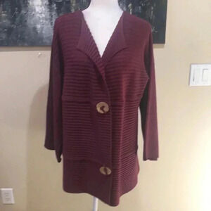 Modern Soul Lagenlook Burgundy Button Front Cotton Blend Cardigan Sweater-Size L